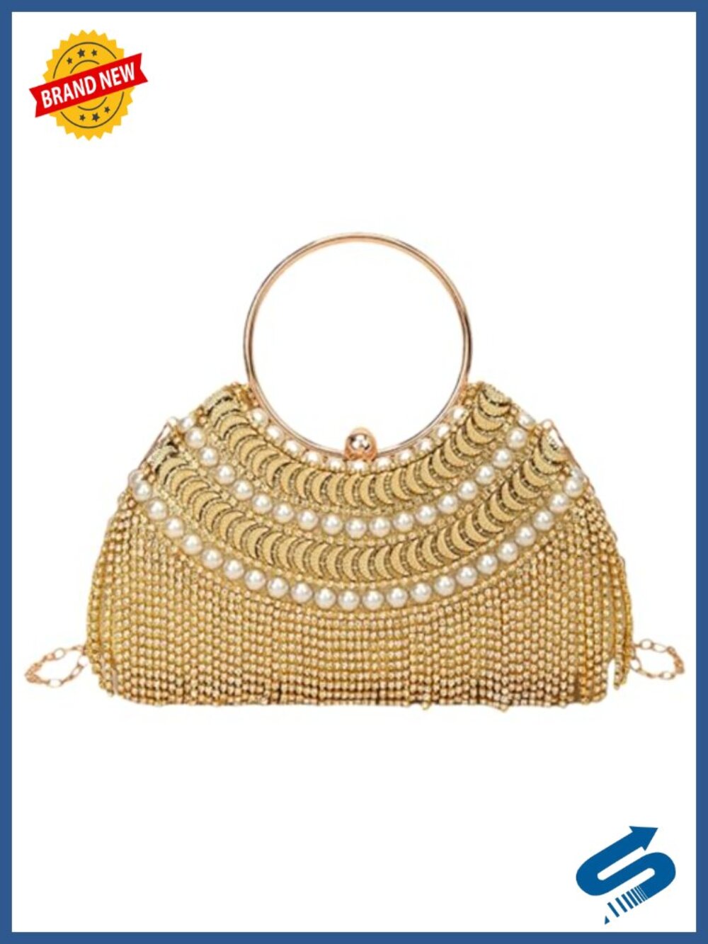 Pearl Fringe Rhinestone Clutch Sparkly Evening Bag Detachable Chain